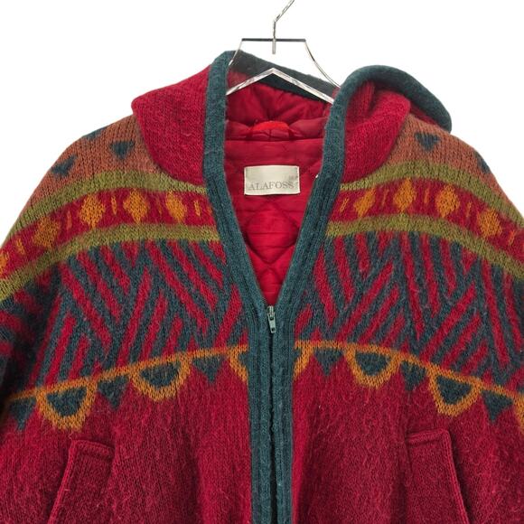 Vintage Alafoss 100% Wool Coat Icelandic Medium Oversized Aztec Southwestern Red - Picture 2 of 14
